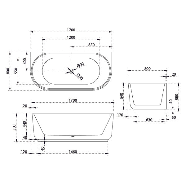 Bao Elegant 1700mm Back to Wall Bath - Matte White