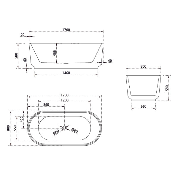 Baö Elegant 1700mm Freestanding Bath - line drawing - The Blue Space