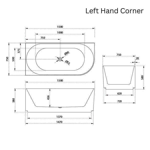 Baö Fluted 1500mm Left Back to Corner Bath - Matte White - line drawing - The Blue Space