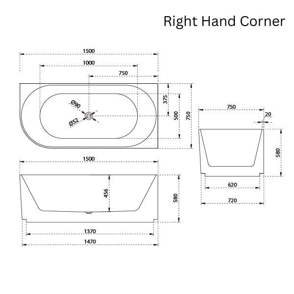 Baö Fluted 1500mm Right Back to Corner Bath - Matte White - line drawing - The Blue Space