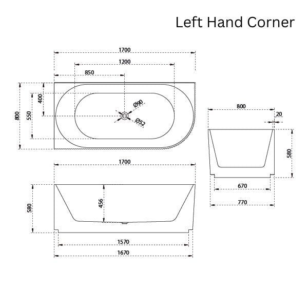 Baö Fluted 1700mm Left Back to Corner Bath - Matte White - line drawing - The Blue Space