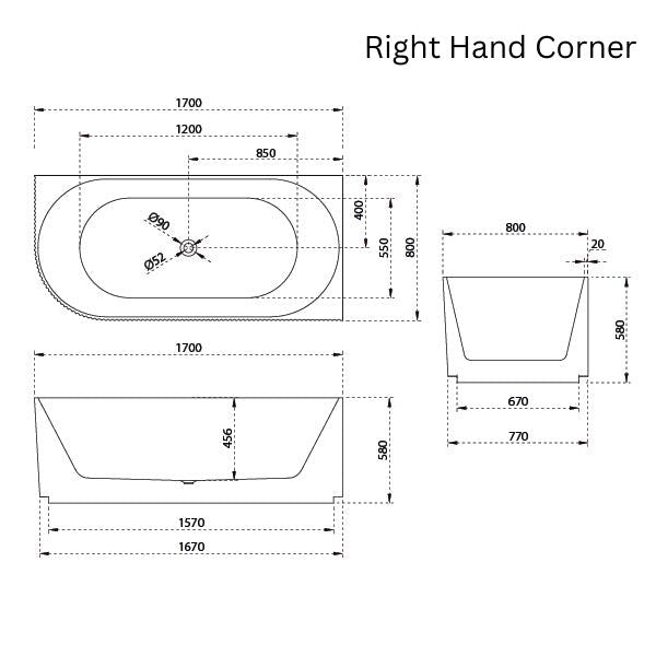 Baö Fluted 1700mm Right Back to Corner Bath - Matte White - line drawing - The Blue Space