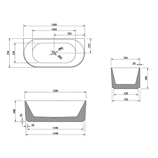 Baö Fluted 1500mm Back to Wall Bath - Matte White - line drawing - The Blue Space