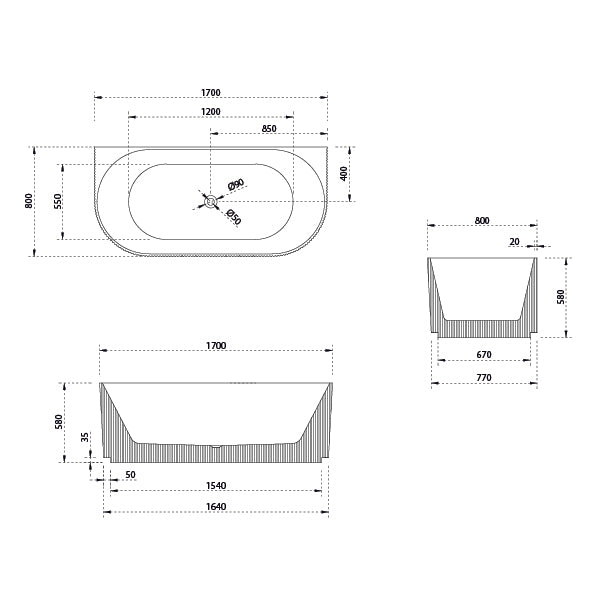 Baö Fluted 1700mm Back to Wall Bath - Matte White - line drawing - The Blue Space