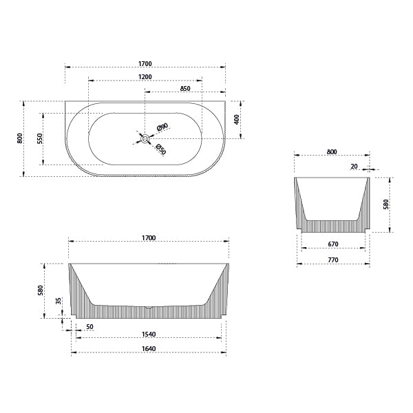 Bao Fluted 1700mm Back to Wall Bath - Matte White
