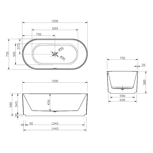 Bao Fluted 1500mm Freestanding Bath - Matte White