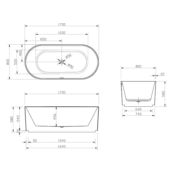 Baö Fluted 1700mm Freestanding Bath - Matte White - line drawing - The Blue Space