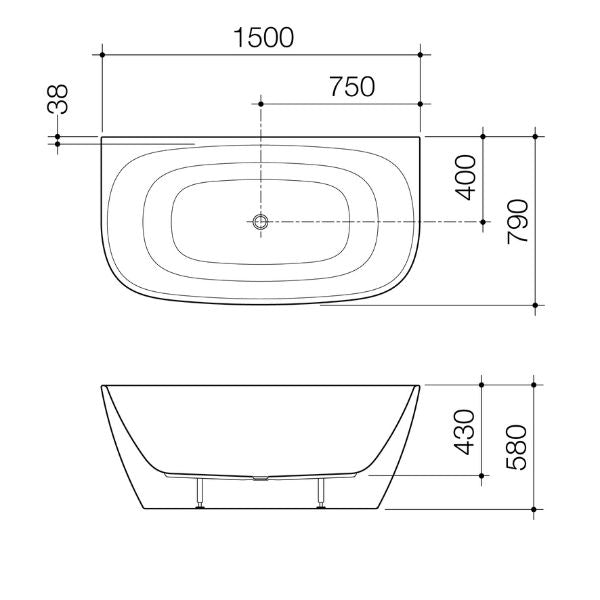 Technical Drawing Caroma Contura II 1500mm Back to Wall Freestanding Bath - Matte Clay CII5WFMC - The Blue Space