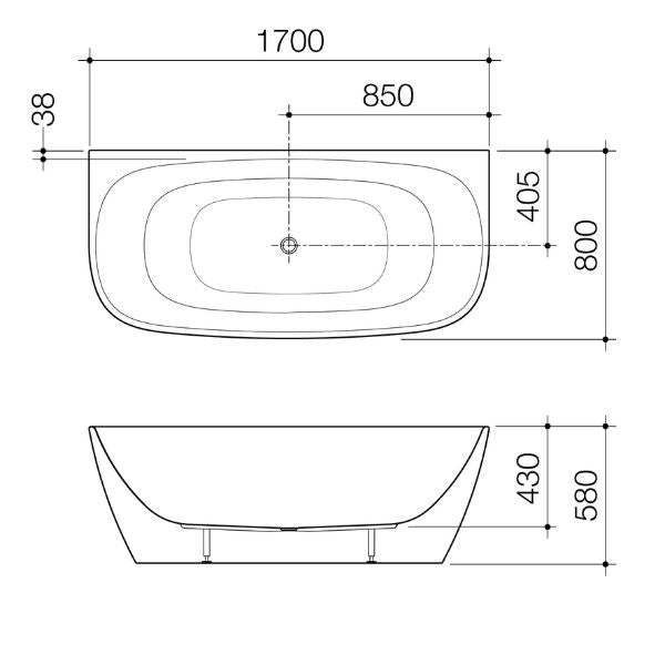 Technical Drawing Caroma Contura II 1700mm Back to Wall Freestanding Bath - Matte White CII7WFMW - The Blue Space