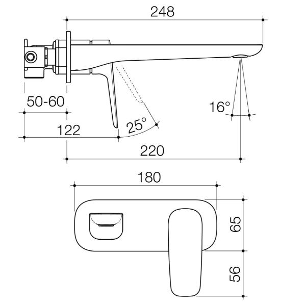 Technical Drawing Caroma Contura II 220mm Wall Basin/Bath Mixer - Brushed Nickel 849053BN6AF