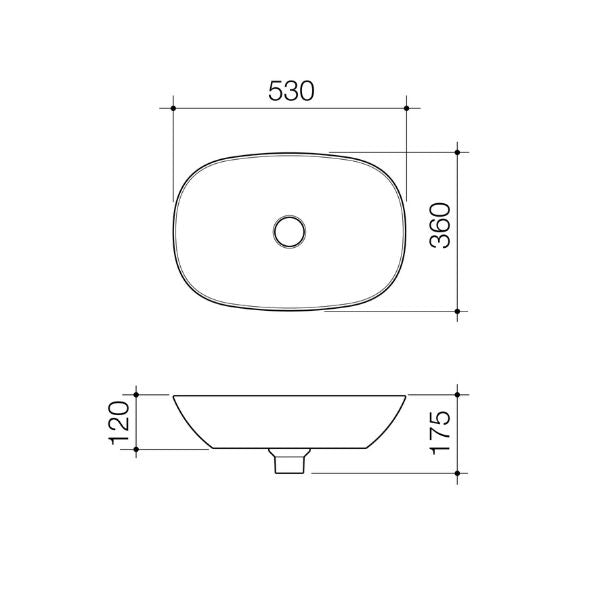 Technical Drawing Caroma Contura II 530mm Pill Above Counter Basin - Matte White 853200MW - The Blue Space