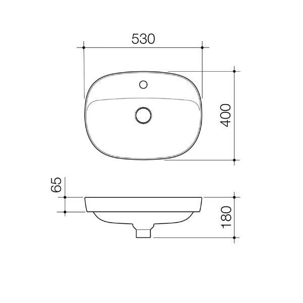 Technical Drawing Caroma Contura II 530mm Pill Inset Basin with Tap Landing (1 Tap Hole) - Matte White 853410MW - The Blue Space