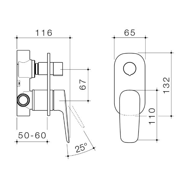 Technical Drawing Caroma Contura II Bath/Shower Mixer with Diverter - Brushed Bronze 849057BBZ