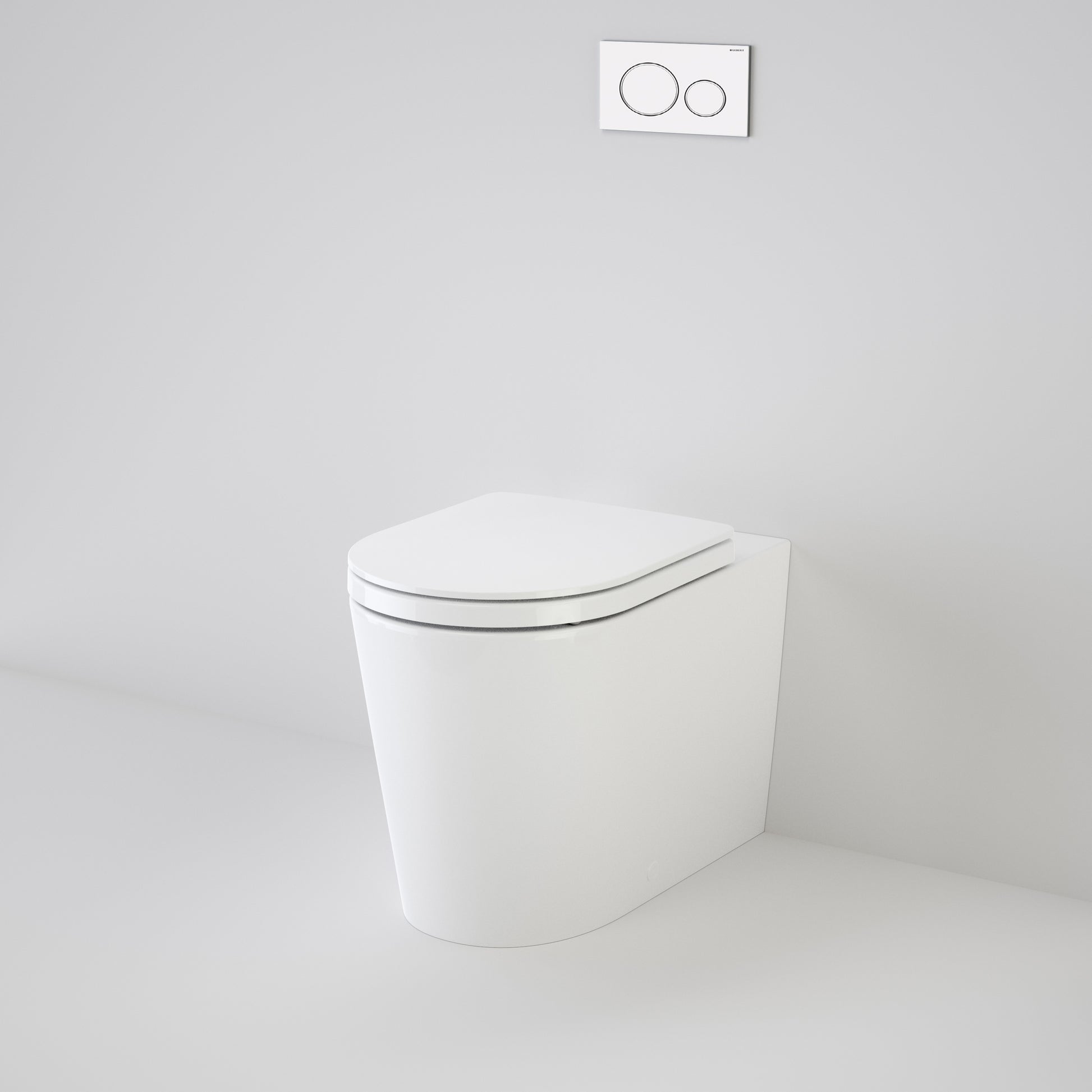 Caroma Liano Wall Face Toilet Suite with Geberit Sigma 8 In-Wall Cistern. Pictured with Geberit Concealed Cistern Buttons in White - The Blue Space