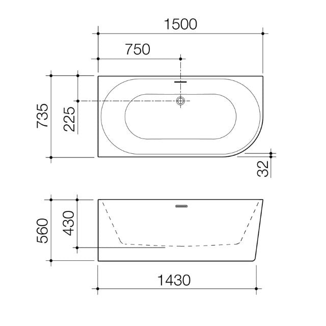Technical Drawing Caroma Urbane II 1500 Left Hand Corner Back To Wall Bath with Overflow UII5LHCWOF - The Blue Space