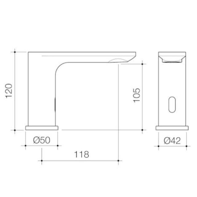 Technical Drawing Caroma Urbane II Sensor Hob Mounted Outlet Tap - Brushed Brass 99674BB6A - The Blue Space