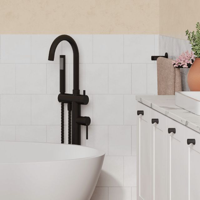Lifestyle Fienza Kaya Floor Mounted Bath Mixer With Hand Shower Matte Black 213113B - The Blue Space