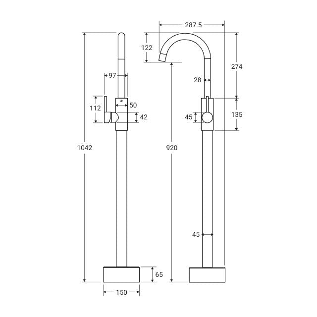 Technical Drawing Fienza Kaya Floor Mounted Mixer Matte Black 213112B - The Blue Space