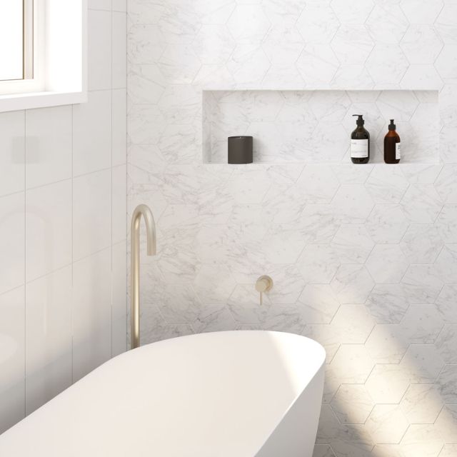 Lifestyle Fienza Kaya Gooseneck Floor Mounted Bath Outlet Brushed Nickel SP8016BN - The Blue Space