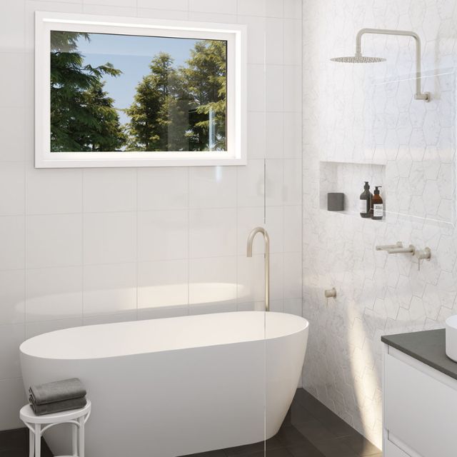 Buy Fienza Kaya Gooseneck Floor Mounted Bath Outlet Brushed Nickel SP8016BN - The Blue Space