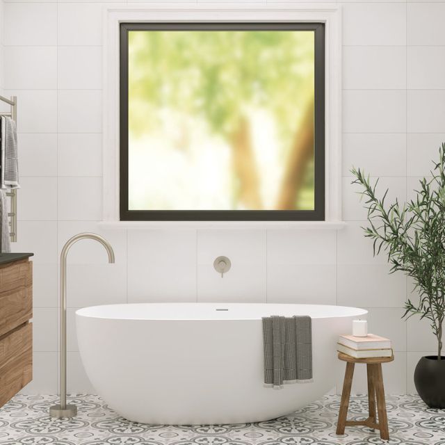 Shop Fienza Kaya Gooseneck Floor Mounted Bath Outlet Brushed Nickel SP8016BN - The Blue Space