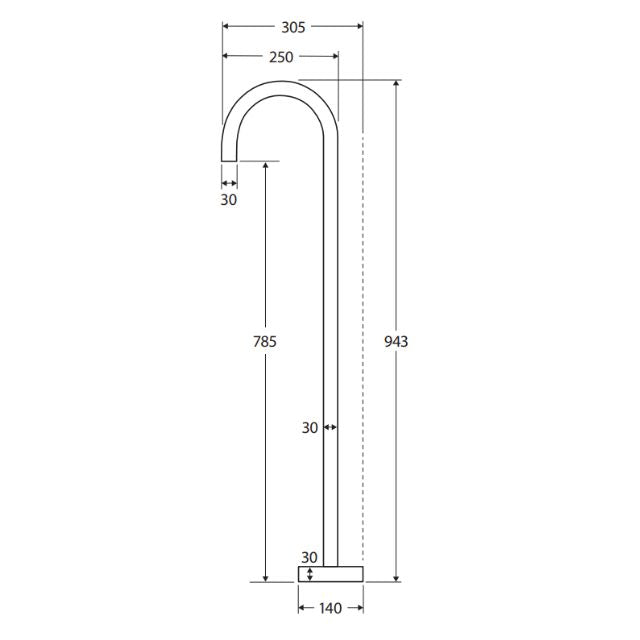 Technical Drawing Fienza Kaya Gooseneck Floor Mounted Bath Outlet Brushed Nickel SP8016BN - The Blue Space