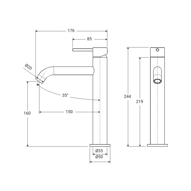 Technical Drawing Fienza Kaya Medium Basin Mixer Matte White 228110MW - The Blue Space