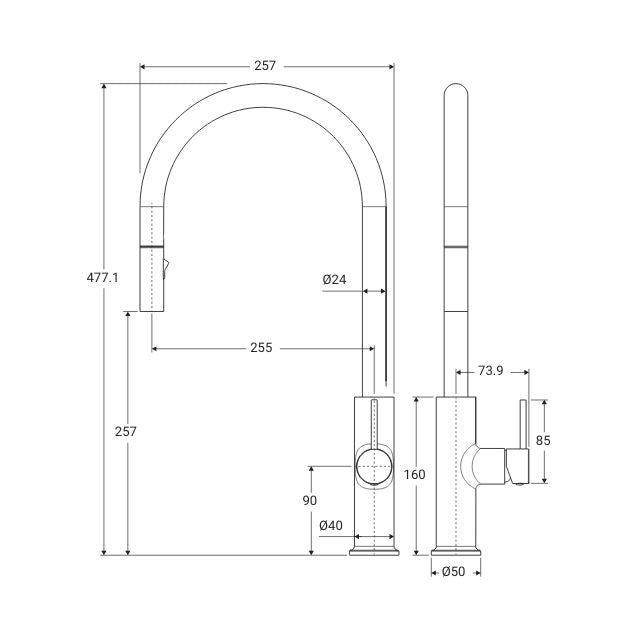Technical Drawing Fienza Kaya Pull Out Sink Mixer Matte White 228108MW - The Blue Space