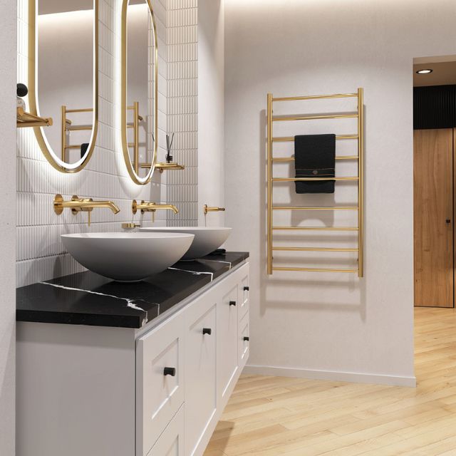 Fienza Kaya Round Heated Towel Rail 600X1200X100mm 9 Bars Urban Brass
