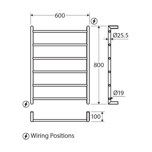 Technical Drawing Fienza Kaya Round Heated Towel Rail 600X800X100mm 6 Bars Brushed Nickel 8286080BN - The Blue Space