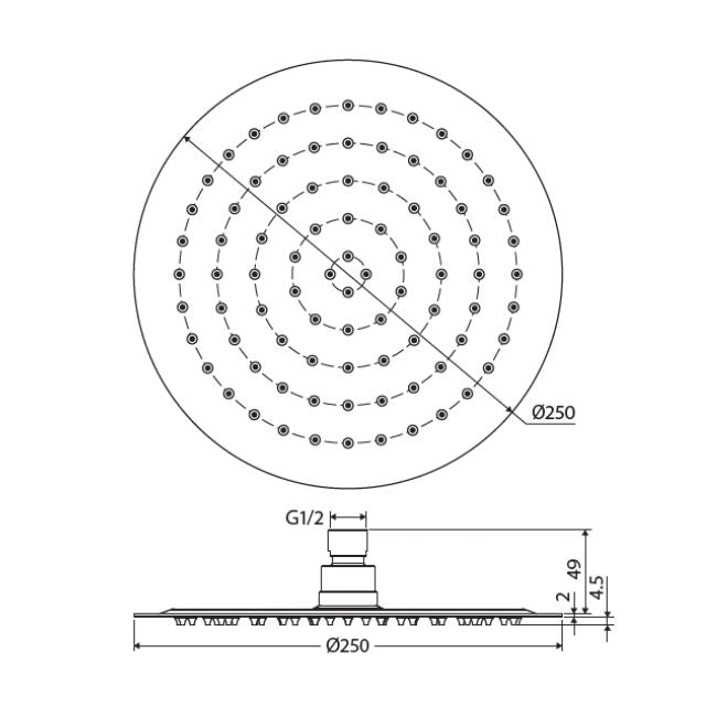 Technical Drawing Fienza Kaya Round Shower Head 250mm Matte Black 411125B - The Blue Space