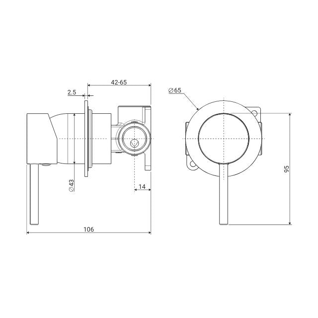 Technical Drawing Fienza Kaya Wall Mixer Small Round Plate Matte Black 228101B - The Blue Space