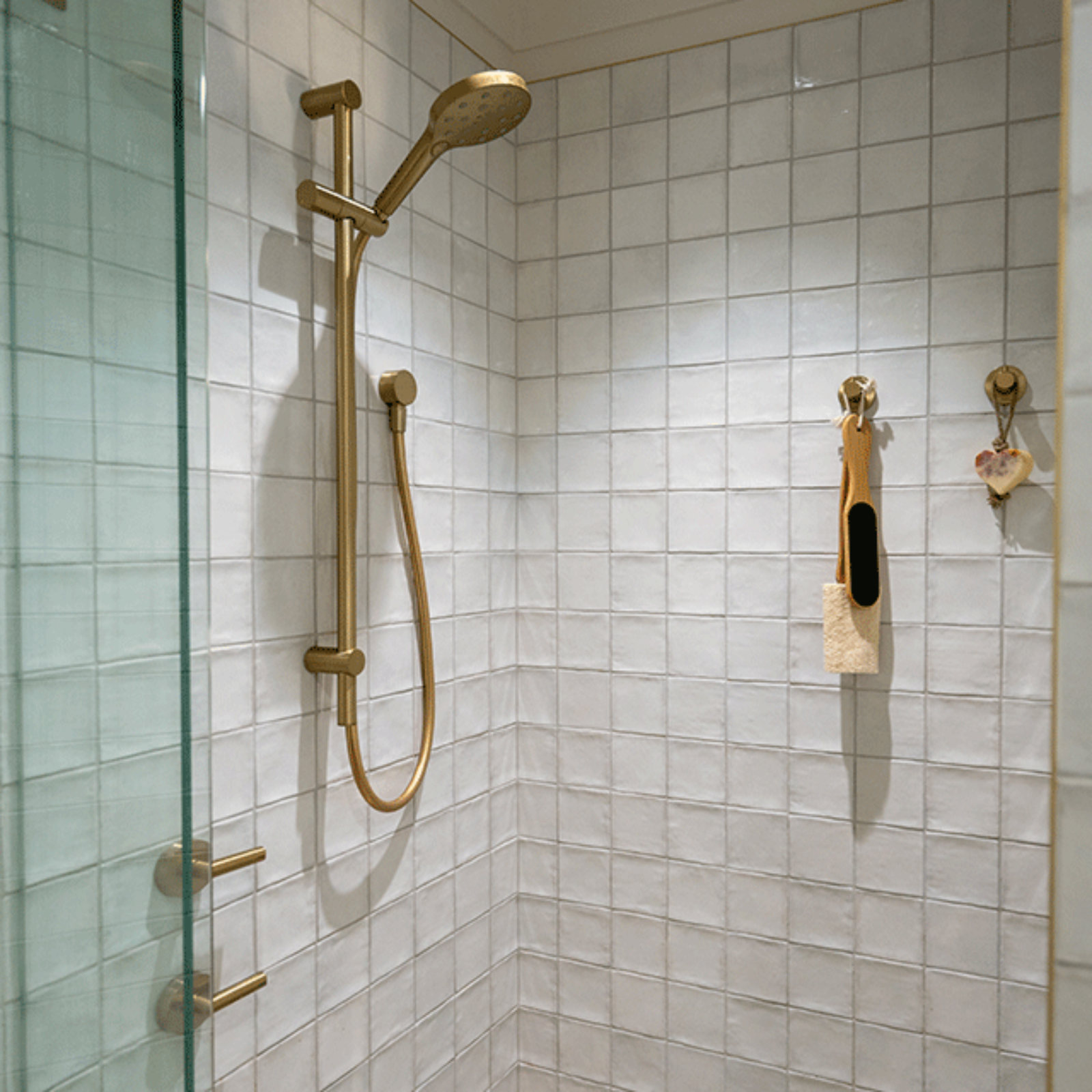 White Dianna Zellige Tile 100 x 100 x 9mm Spanish Ceramic and Phoenix brushed gold rail shower and bathroom accessories