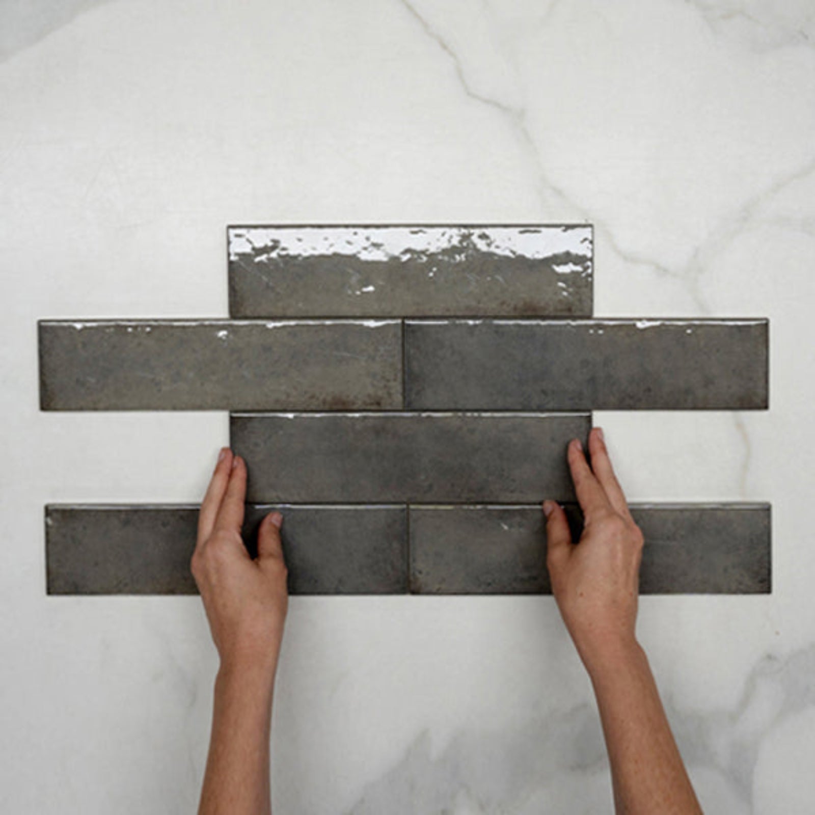 Grey Andrea Subway Tile Textural Gloss 75 x 300 x 8mm Italian Porcelain