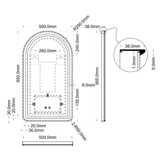 Technical Drawing Ingrain Arch Shaped Brushed Gold Framed Frontlit LED Mirror 500mm by 900mm INIAM5090-BG - The Blue Space