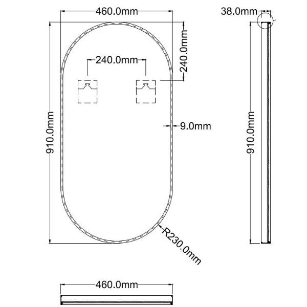 INGRPM90-BN | Ingrain Pill Shaped Brushed Nickel Framed Mirror 460mm by 910mm Technical Drawing The Blue Space