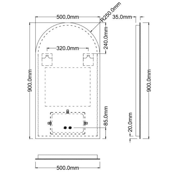 Ingrain Arched Frameless Arch Mirror with Backlit LED Technical Drawing - The Blue Space