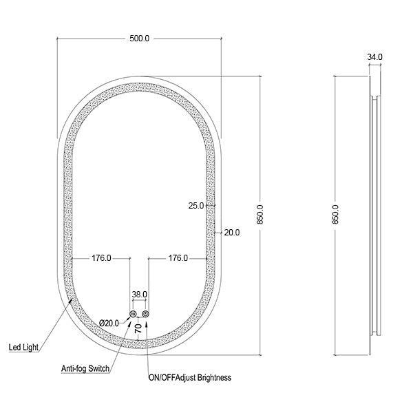 INROM5085 - Ingrain 500mm by 850mm Pill Shaped Frontlit and Backlit Mirror with Touch Sensor and Demister Pad Frameless - Line Drawing - The Blue Space