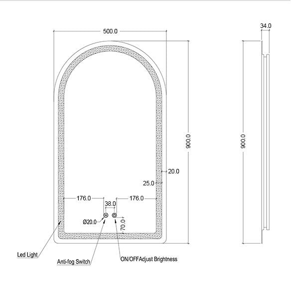INCAM5090 | Ingrain 500mm by 900mm Arch Shaped Frontlit Mirror with Touch Sensor and Demister Pad Frameless | Line Drawing - The Blue Space