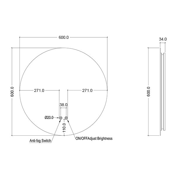 INCRM60 | Ingrain 600mm Round Backlit Mirror with Touch Sensor and Demister Pad - Frameless | Line Drawing - The Blue Space