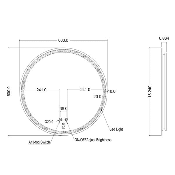 INIRM60 | Ingrain 600mm Round Frontlit Mirror with Touch Sensor and Demister Pad - Frameless | Line Drawing - The Blue Space