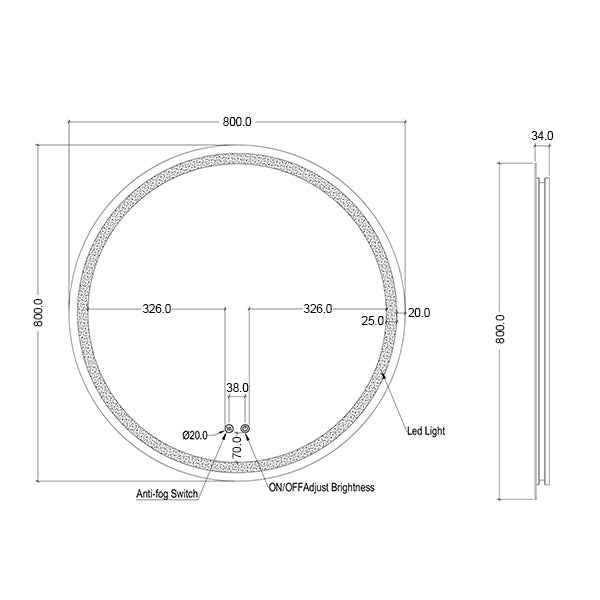 INIRM80 | Ingrain 800mm Round Frontlit Mirror with Touch Sensor and Demister Pad - Frameless | Line Drawing - The Blue Space