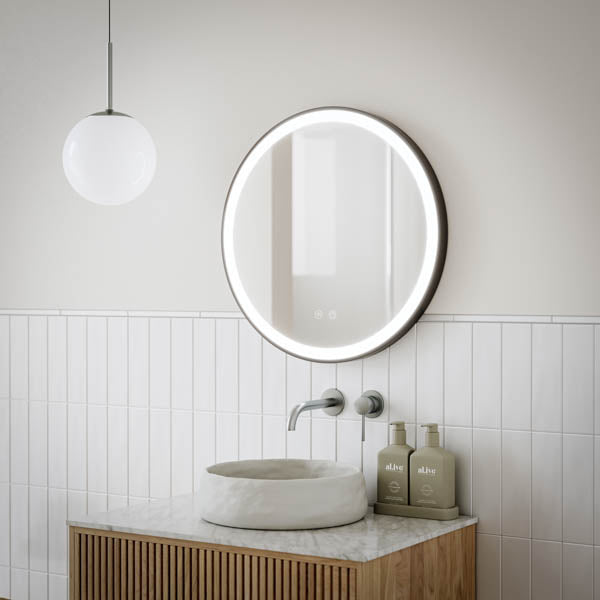 INLRM60-MB | Ingrain 600mm Round Frontlit Mirror with Touch Sensor and Demister Pad - Aluminium Matt Black frame