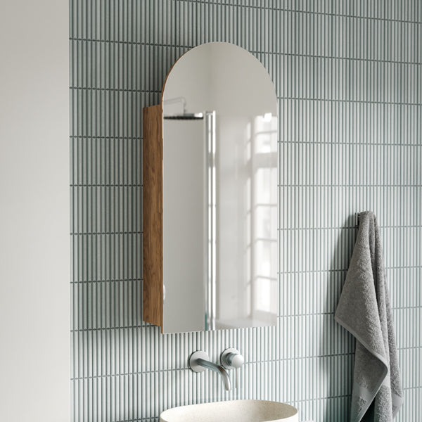Castaways Silver Sage Gloss KitKat Porcelain Mosaic Tile 15x145mm with Ingrain Ash Arched Shaving Cabinet - The Blue Space