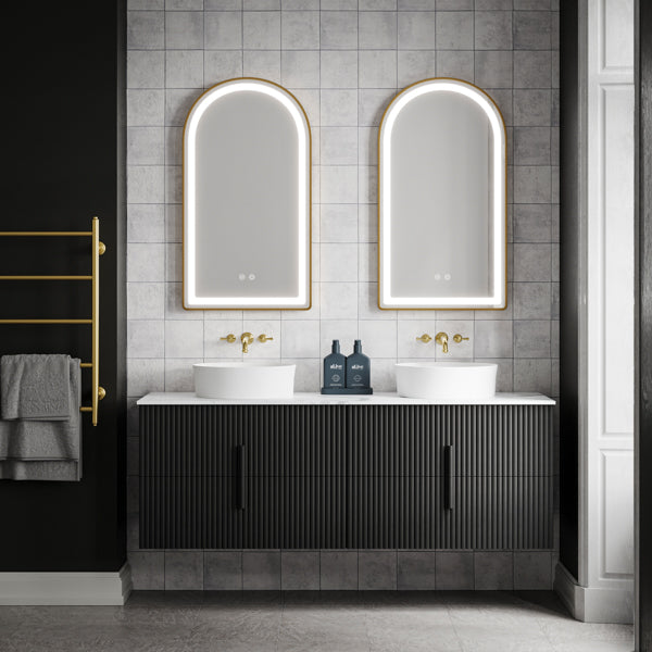 Ingrain Arch Shaped Brushed Gold Framed Frontlit LED Mirror 500mm by 900mm with Ingrain Contoured Wall Hung Vanity - The Blue Space