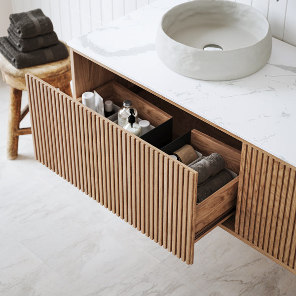 Ingrain Grooved Ash Veneer Wall Hung Vanity showing open drawer.