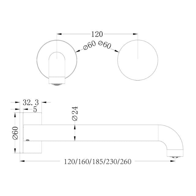 Technical Drawing Nero Kara Progressive Wall Basin/Bath Set 185mm Gun Metal NR271907A185GM - The Blue Space