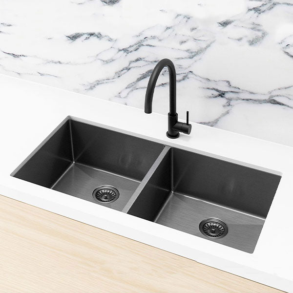 Meir Double Bowl PVD Kitchen Sink 860mm Gunmetal Black - The Blue Space