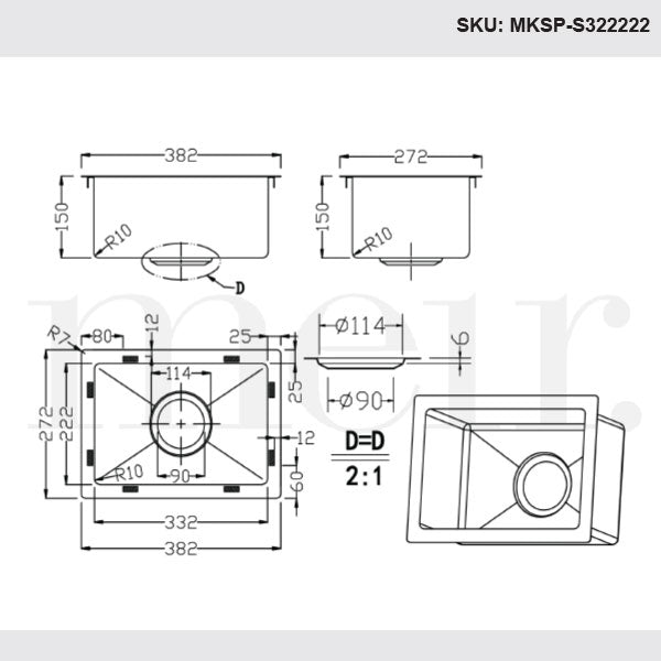 Meir Kitchen Mini Sink Single Bowl 272 x 382 Gunmetal Black Technical Drawing - The Blue Space