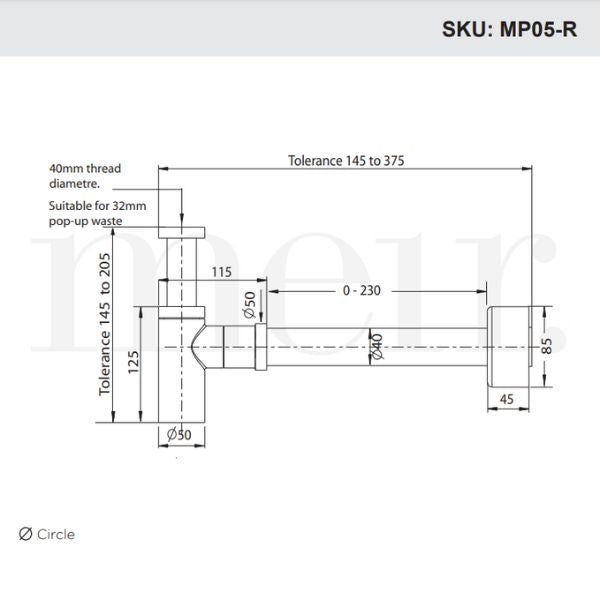 Meir Round Bottle Trap for 32mm Basin Waste and 40mm Outlet Technical Drawing - The Blue Space